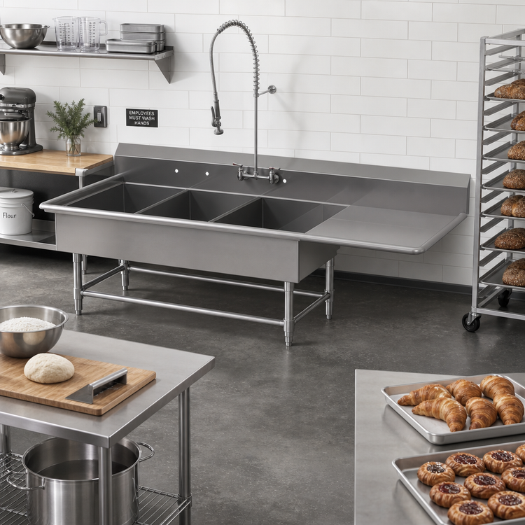 Product image #2 for John Boos Pro-Bowl 3-Compartment Bakery Sink with Right Drainboard, 12-In. Deep Bowls, 16-Gauge Stainless Steel