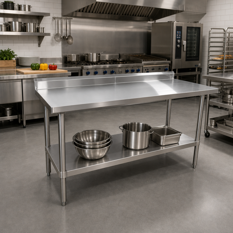 Product image #2 for Sapphire 60 Inch x 24 Inch Stainless Steel Work Table with Beveled Square Edge, 5 Inch Backsplash, and Undershelf