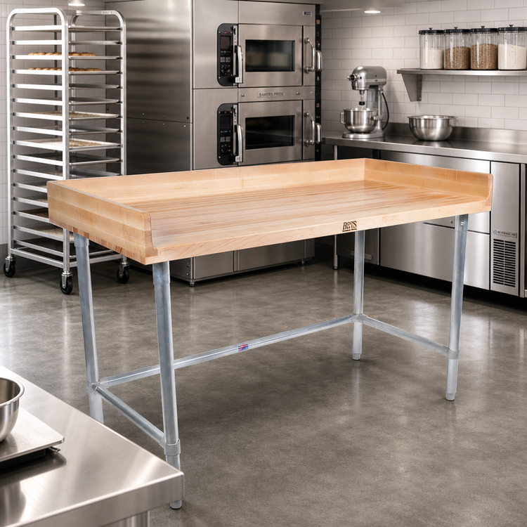 Product image #2 for John Boos 60 x 30 Inch Wood Top Bakers' Table with Galvanized Base and 4-Inch Coved Riser