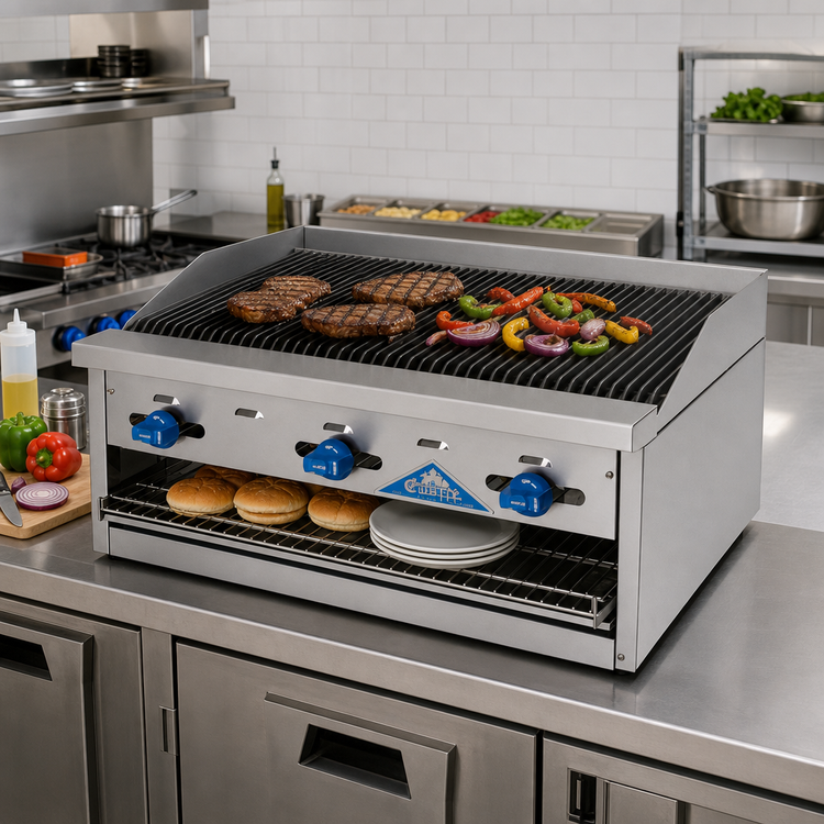 Product image #2 for Comstock-Castle 36-Inch Countertop Gas Char-Broiler and Warmer Combination with Pull-Out Warming Rack