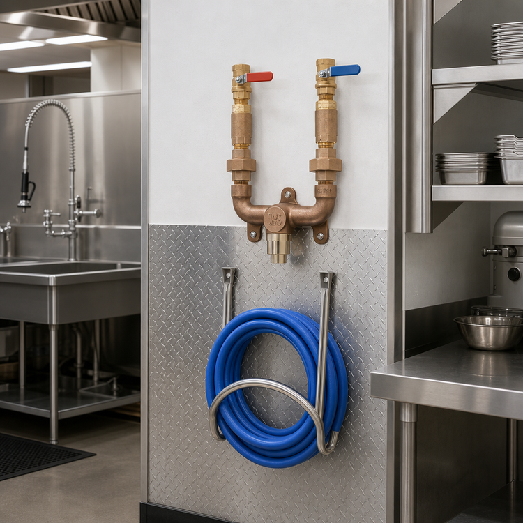 Product image #2 for Wall-Mounted 3/4 Inch NPT Mixing Valve Assembly with Check Valves, Ball Valves, and Stainless Steel Hose Rack