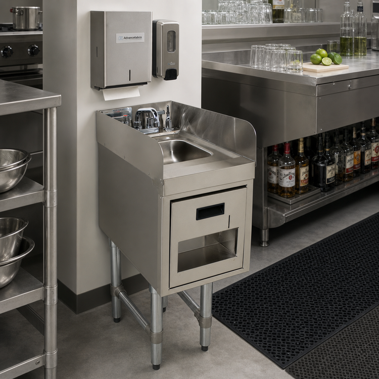 Product image #2 for Advance Tabco Special Value Freestanding Underbar Hand Sink with 4-Inch Side Splashes, Faucet, Soap Dispenser and Towel Dispenser, 12 Inch