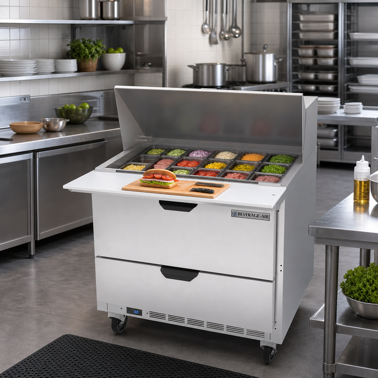 Product image #3 for Beverage-Air 36-Inch One-Section Mega Top Refrigerated Prep Table, 15-Pan Top, 2 Drawers