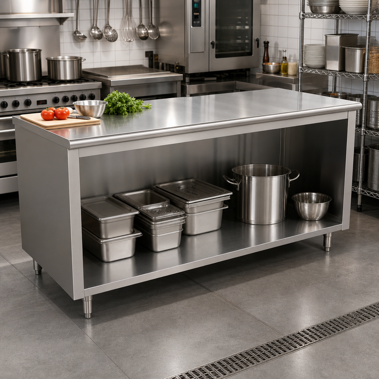 Product image #2 for Advance Tabco 96-Inch x 24-Inch 14-Gauge 304 Stainless Steel Work Table with Open Front Cabinet Base