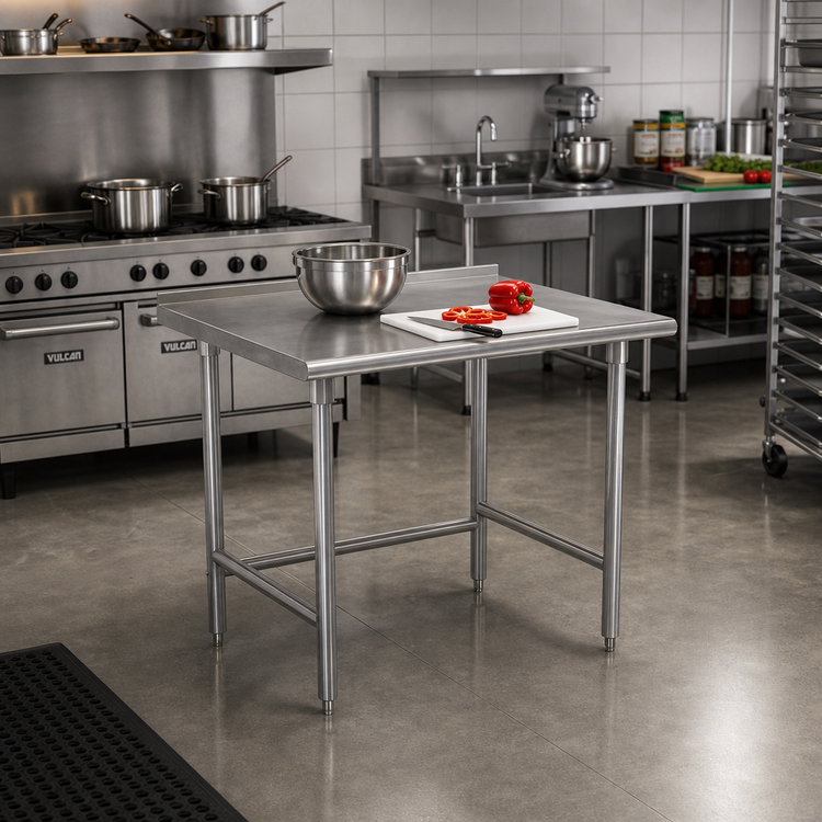 Product image #2 for Advance Tabco 30" x 30" Square 14 Gauge 304 Stainless Steel Work Table with 1-1/2" Rear Splash and Galvanized Open Base