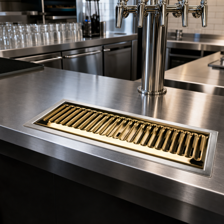 Product image #2 for Micro Matic Drop-In Stainless Steel Drip Tray Trough with Louvered PVD Brass Screen, 13 x 6 Inches
