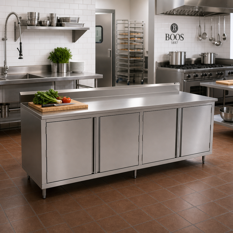 Product image #2 for John Boos Enclosed Cabinet Base Work Table with Hinged Doors, 120 x 36 Inches, 14-Gauge 300 Series Stainless Steel Top, 5-Inch Backsplash