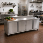 Thumbnail image #2 for John Boos 4CH4R5-36120 Enclosed Stainless Steel Work Table with Hinged Doors, 120 x 36 Inches, 14-Gauge 300 Series Top, 5-Inch Backsplash
