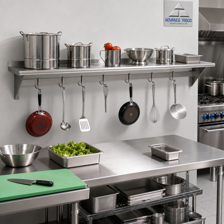 Product image #2 for Advance Tabco Wall-Mounted Shelf with Pot Rack, 96 x 18 Inches, Stainless Steel