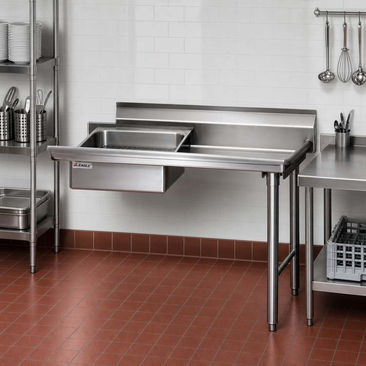 Product image #2 for Eagle Group 48-Inch Straight Soiled Dishtable with 20 x 20 x 5-Inch Pre-Rinse Sink, Right-to-Left