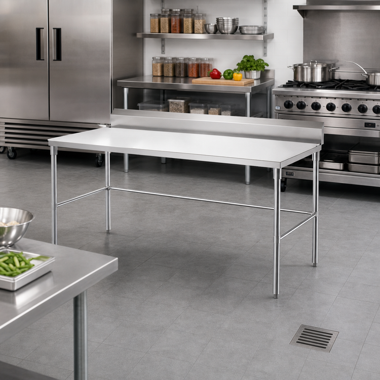 Product image #2 for Sapphire 72-Inch x 30-Inch 18-Gauge 430 Stainless Steel Work Table with 5-Inch Backsplash and Open Galvanized Base