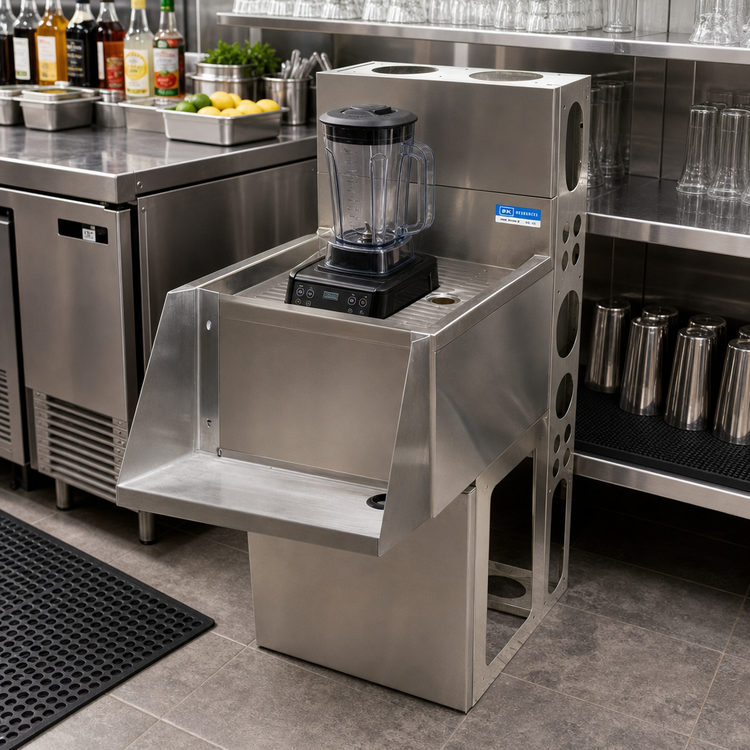 Product image #2 for BK Resources Free-Standing Underbar Blender Mixing Station with Drainboard Top, Blender Shelf, Die Wall & Base, 12 x 21 Inches