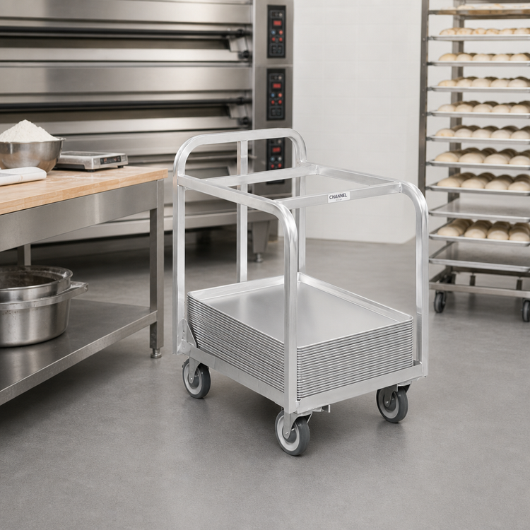 Product image #3 for Channel Manufacturing BPT-2TP Aluminum Bun Pan / Dough Box Dolly, 100-Pan Capacity, 5-Inch Swivel Casters