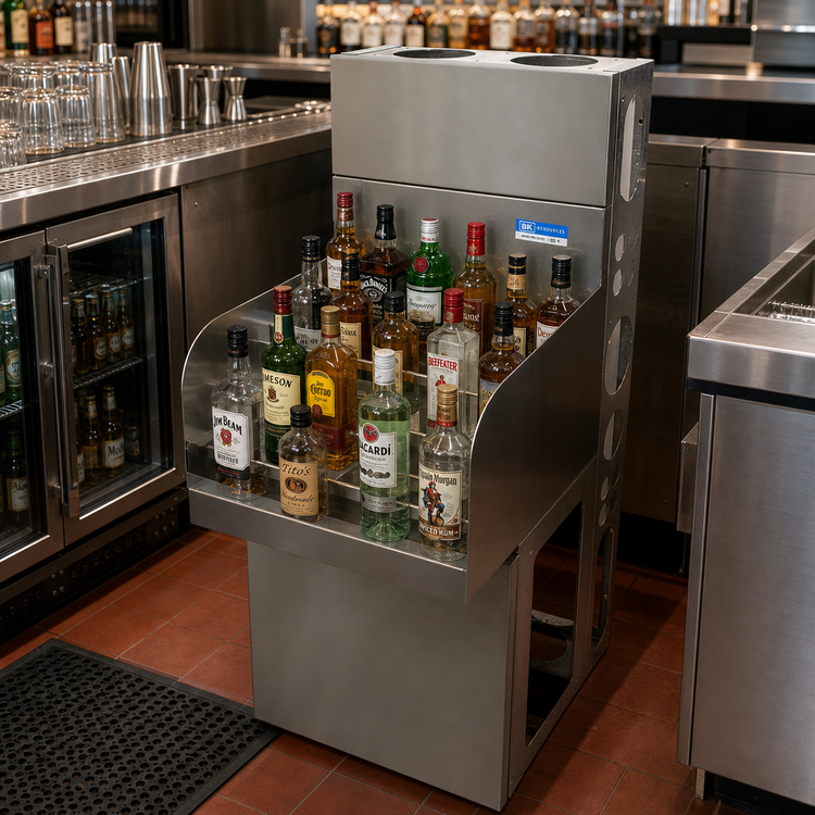 Product image #2 for BK Resources 18-Inch Freestanding Underbar Liquor Bottle Display, 4-Step, Approx. 20-Bottle Capacity