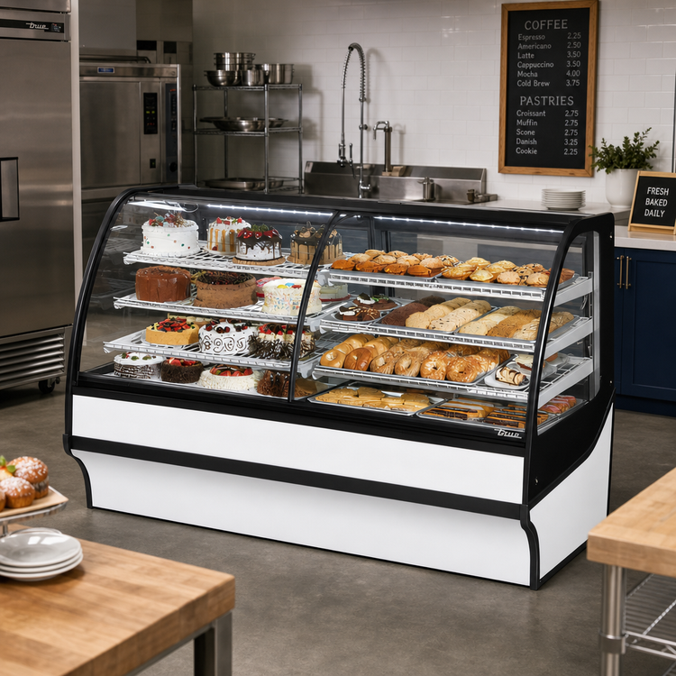 Product image #3 for True 77-1/4 Inch Dual Zone Curved Glass Display Merchandiser with Glass Ends, White Exterior/Interior