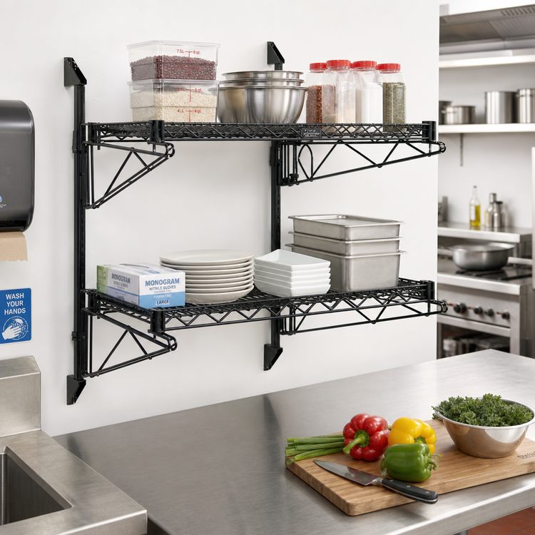 Product image #2 for Quantum Cantilever Double Shelf Wall-Mount Wire Shelving Unit with 2 Shelves, 30 x 18 Inches, Black Epoxy Finish