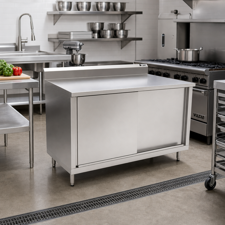 Product image #2 for John Boos 48" x 24" Enclosed Work Table with Sliding Doors, 16-Gauge 300 Series Stainless Steel Top and 5" Backsplash