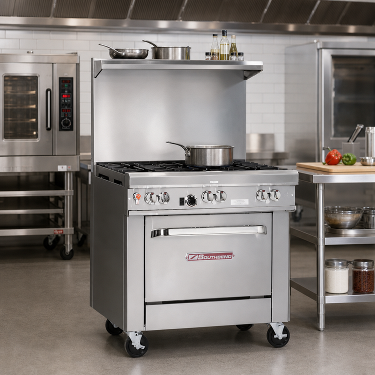 Product image #2 for Southbend Ultimate 24-Inch Gas Restaurant Range with 4 Open Burners, Cabinet Base, and Backriser with Hi-Shelf