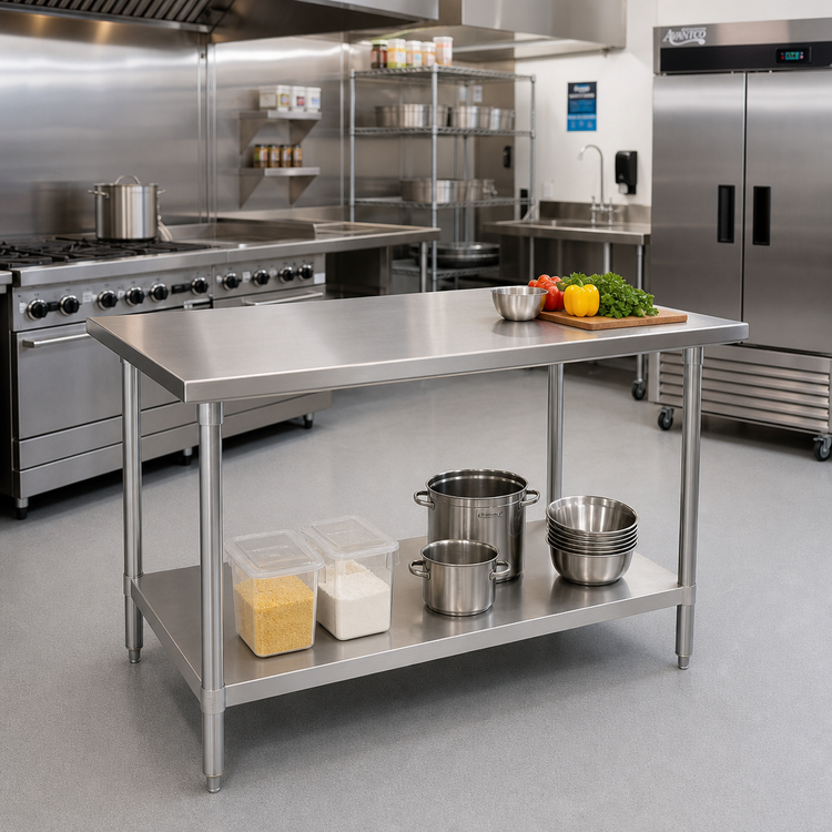 Product image #2 for Advance Tabco 60" x 36" 14-Gauge 304 Stainless Steel Flat Top Work Table with Adjustable Undershelf