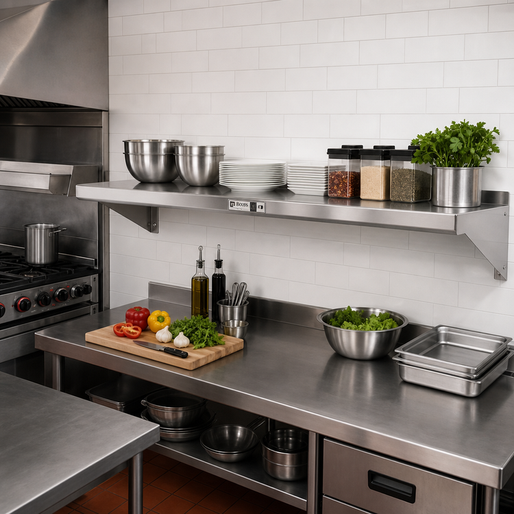 Product image #2 for John Boos Stallion 8-Foot Wall-Mounted Stainless Steel Shelf with 1-1/2" Rear Up-Turn and Safety Edge