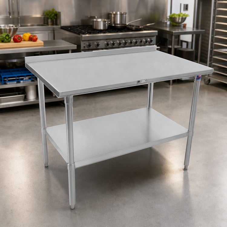 Product image #2 for John Boos Stallion 60-Inch x 24-Inch 14-Gauge Stainless Steel Work Table with Safety Edge, Rear Up-Turn, and Adjustable Undershelf