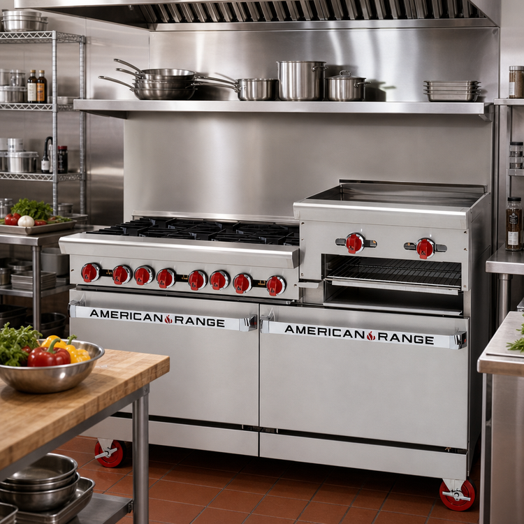 Product image #2 for American Range 72-Inch Gas Restaurant Range with 6 Open Burners, 36-Inch Right-Side Raised Griddle/Broiler, Left Oven and Storage Base