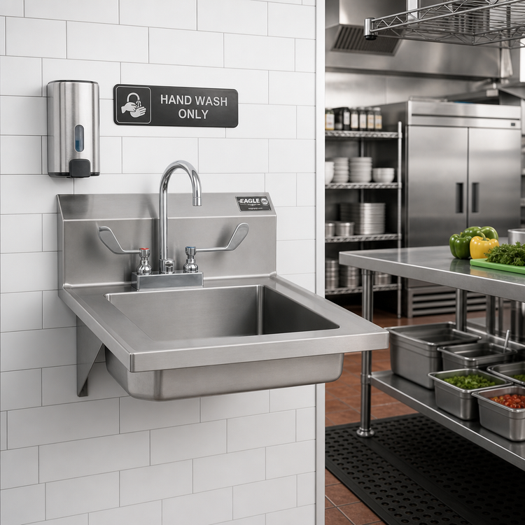 Product image #2 for Eagle Group Wall-Mount Hand Sink with Gooseneck Faucet and Wrist Handles, 14 x 16 x 5-Inch Bowl, 304 Stainless Steel