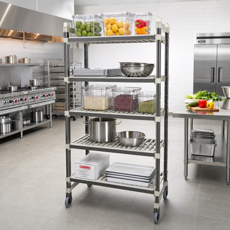 Product image #2 for Cambro Camshelving Elements XTRA High Density Top Rail Mobile Starter Shelving Unit, 5-Tier, 21 x 36 x 80 Inches