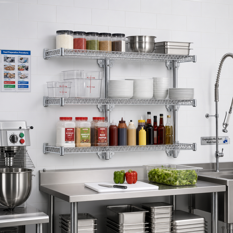 Product image #2 for QuadTruss 3-Tier Piggyback Wall-Mounted Wire Shelf Kit, 48W x 18D, Chrome Finish