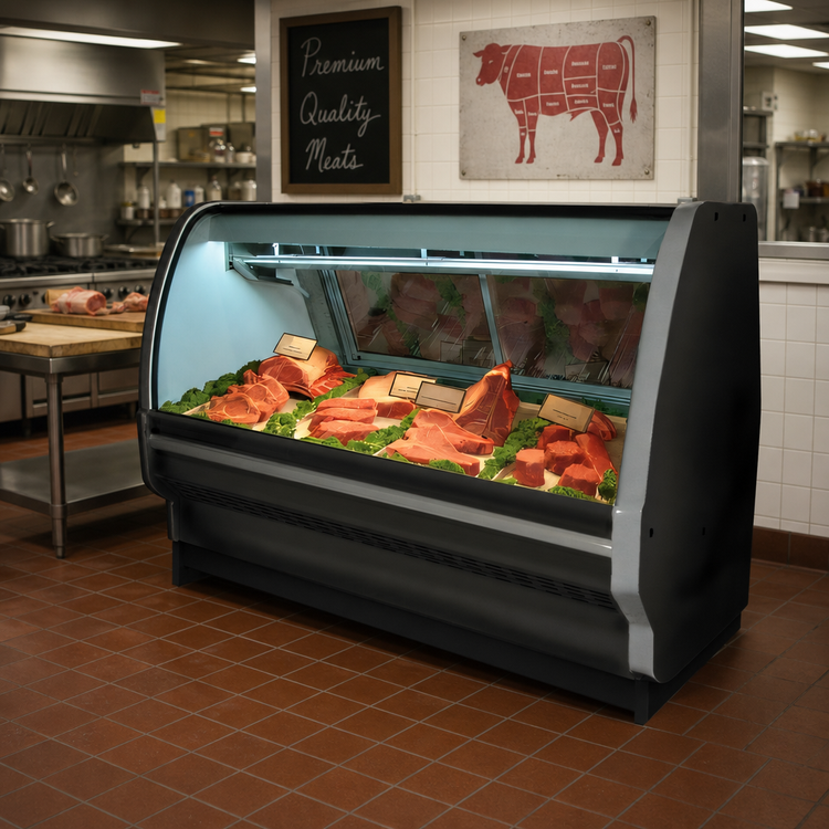 Product image #2 for Howard-McCray 40E Series Endless Design Red Meat Service Case, 51-1/2 Inch Wide, Remote Refrigeration, Curved Glass, Black Exterior/White Interior, LED