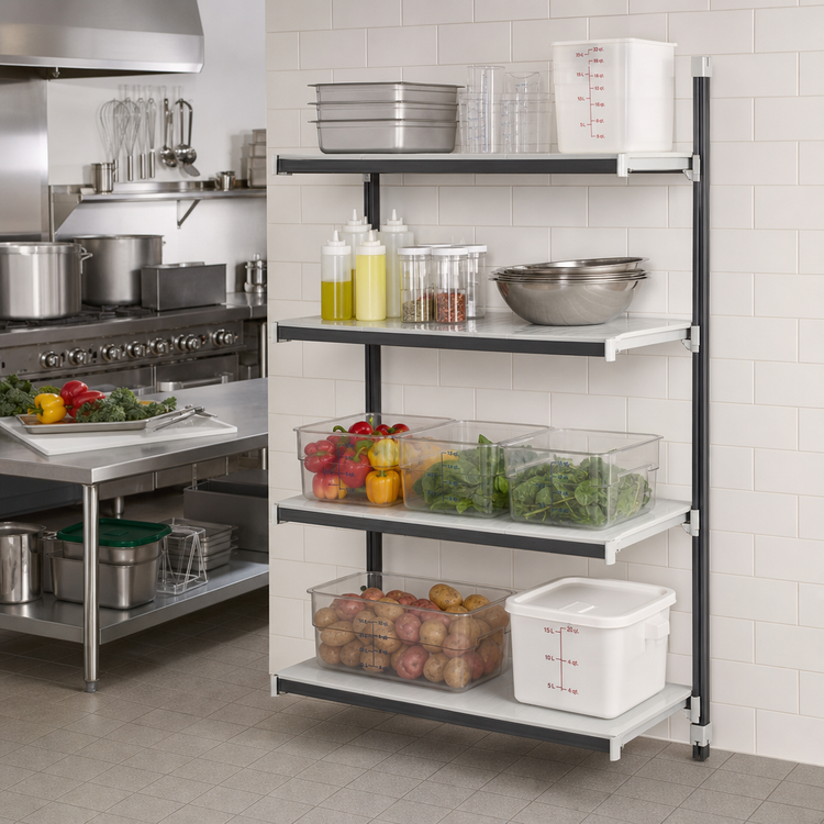 Product image #2 for Cambro Camshelving Elements XTRA 24" x 24" x 84" Stationary Add-On 4-Tier Solid Polymer Shelving Unit, Speckled Gray