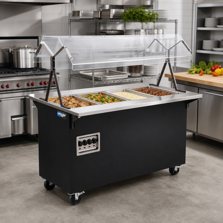 Product image #2 for Vollrath 2-Series Affordable Portable™ 4-Well Black Mobile Hot Food Station with Lighted Buffet Breath Guard, 120/208-240V