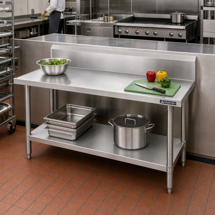 Product image #2 for Advance Tabco 60" x 36" 14-Gauge 304 Stainless Steel Work Table with 10" Backsplash and Adjustable Undershelf