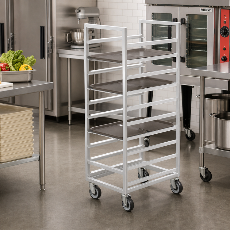Product image #2 for Channel Standard Series Single-Section Aluminum End-Load Cafeteria Tray Rack, 18-Tray Capacity, 14" x 18" Tray Size, 36" Height, 5" Swivel Casters