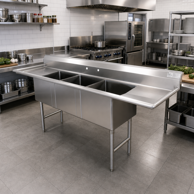 Product image #2 for Advance Tabco 3-Compartment Fabricated Sink with Left and Right Drainboards, 20 x 30 x 14-Inch Bowls, 100-Inch Long