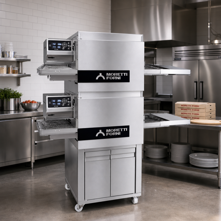 Product image #2 for Moretti Forni T64E 2-Deck Ventless Electric Conveyor Pizza Oven with Closed Stand