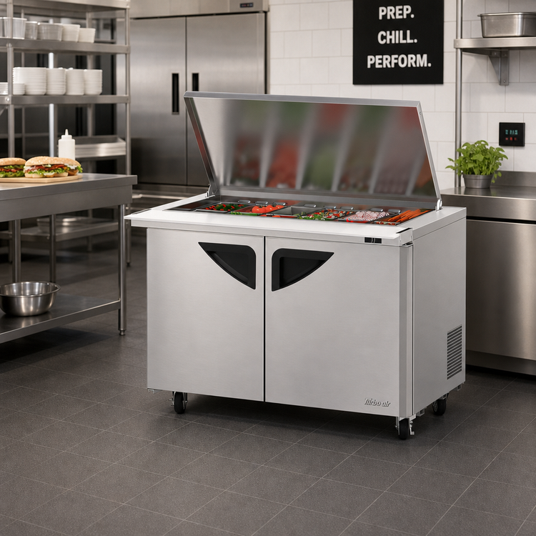 Product image #2 for Turbo Air Super Deluxe 48 1/4 Inch 2-Section Sandwich/Salad Mega Top Prep Table with Flat Lid and Rear-Mounted Refrigeration