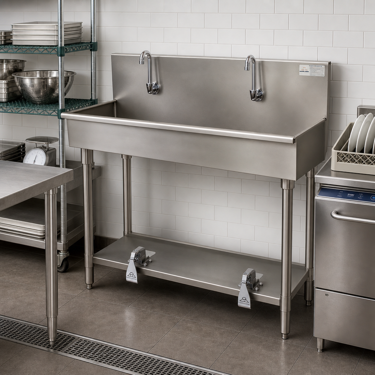 Product image #2 for Advance Tabco 48-Inch 2-Station Toe-Push Floor-Mounted Hand Wash Sink with Gooseneck Spouts