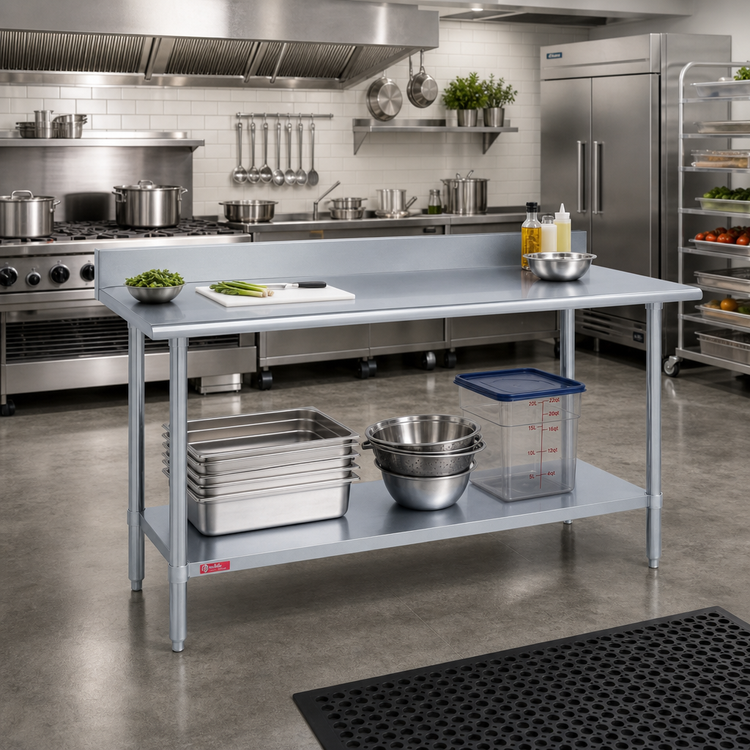 Product image #2 for Duke Deluxe 84 Inch x 24 Inch Stainless Steel Work Table with 5 Inch Riser and Galvanized Undershelf