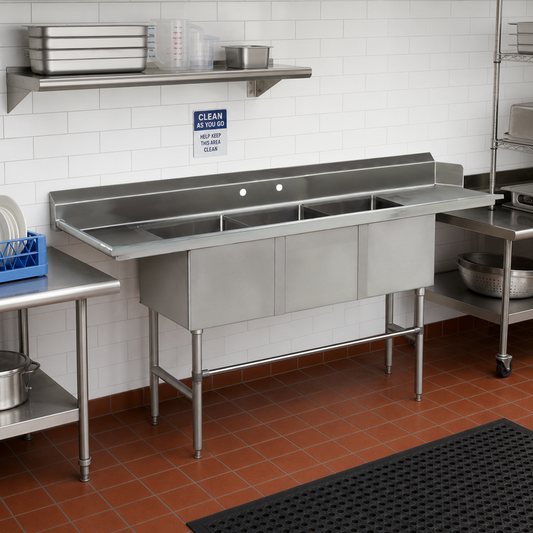 Product image #2 for Advance Tabco Special Value 83 Inch Left-Hand 3-Compartment Sink Dishtable with 16 Inch Left Drainboard