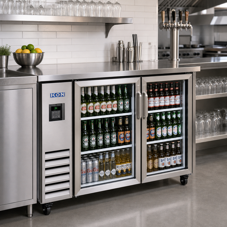 Product image #2 for IKON Refrigeration IBB61-2G-24SS Two-Section Stainless Steel Glass Door Back Bar Cooler, 14.16 Cu. Ft.