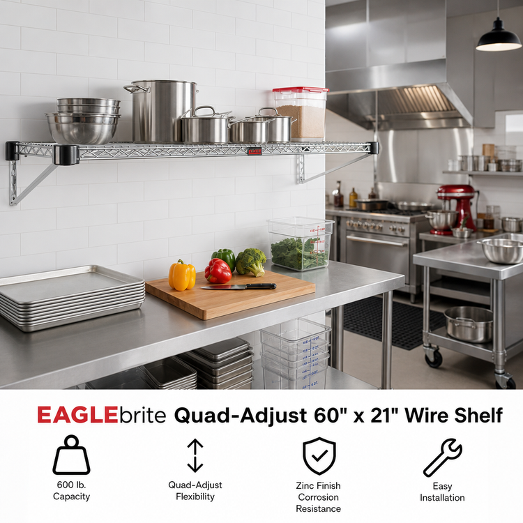 Product image #2 for EAGLEbrite Quad-Adjust 60" x 21" Wire Shelf, Zinc Finish, 600 lb Capacity