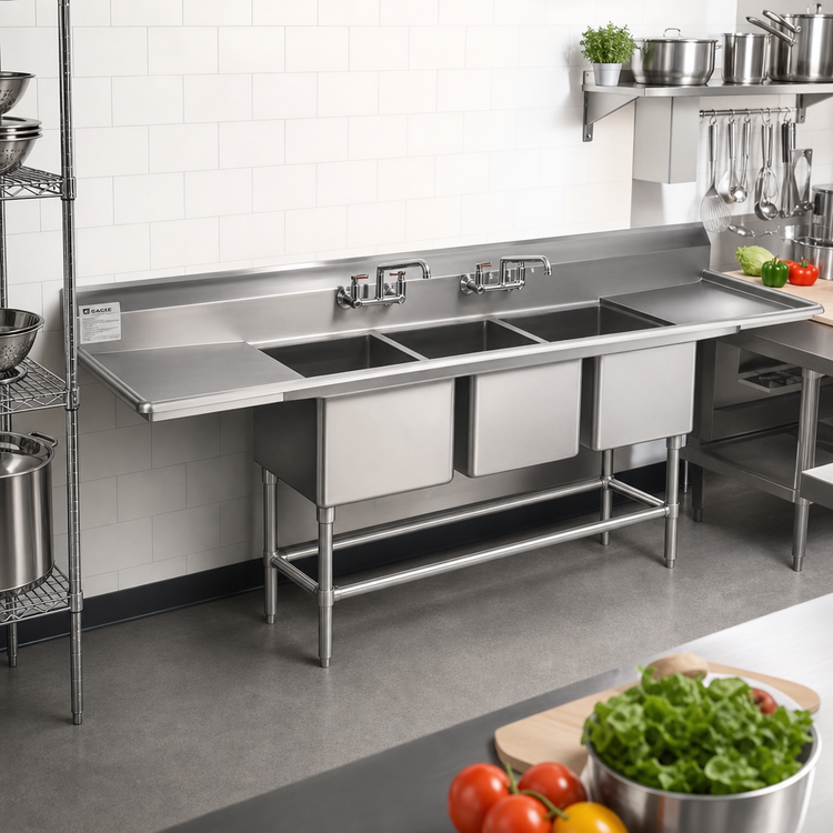 Product image #2 for Eagle Spec-Master FN Series Coved Corner Three-Compartment Sink with 24-Inch Left Drainboard, 14 Gauge Stainless Steel, 85-1/2-Inch Wide