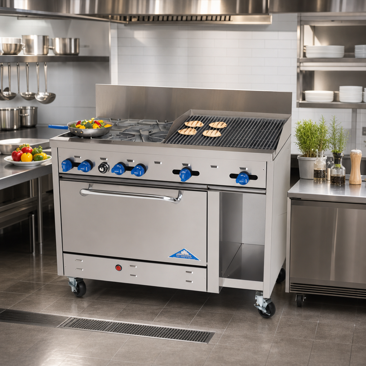 Product image #2 for Comstock-Castle F3430-2RB 48-Inch Stainless Steel Gas Range with 4 Open Burners, 24-Inch Char-Broiler, Standard Oven and Cabinet Base