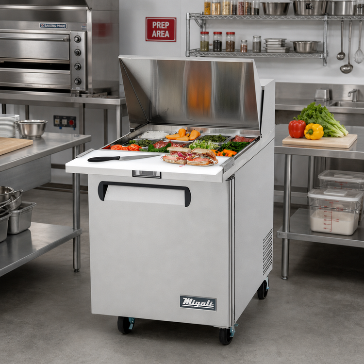 Product image #2 for Migali Competitor Series® Big Top Sandwich Prep Table, 27.5-Inch Wide, 1-Door, 12-Pan, Rear-Mount Self-Contained Refrigeration
