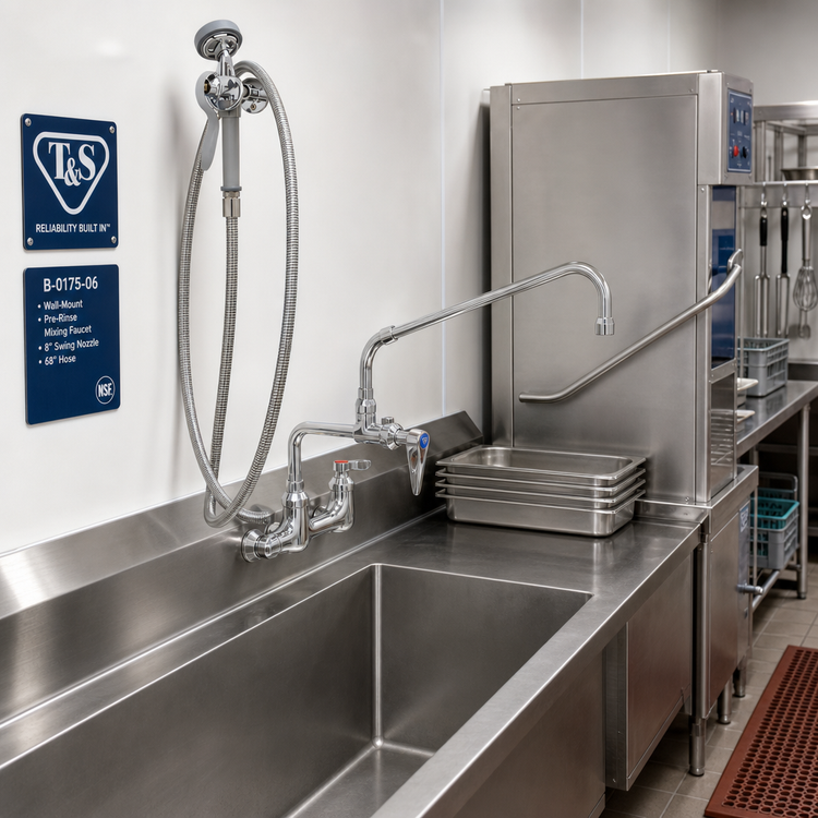 Product image #2 for T&S Brass B-0175-06 Wall-Mount Pre-Rinse Mixing Faucet Assembly with 8" Swing Nozzle and 68" Hose