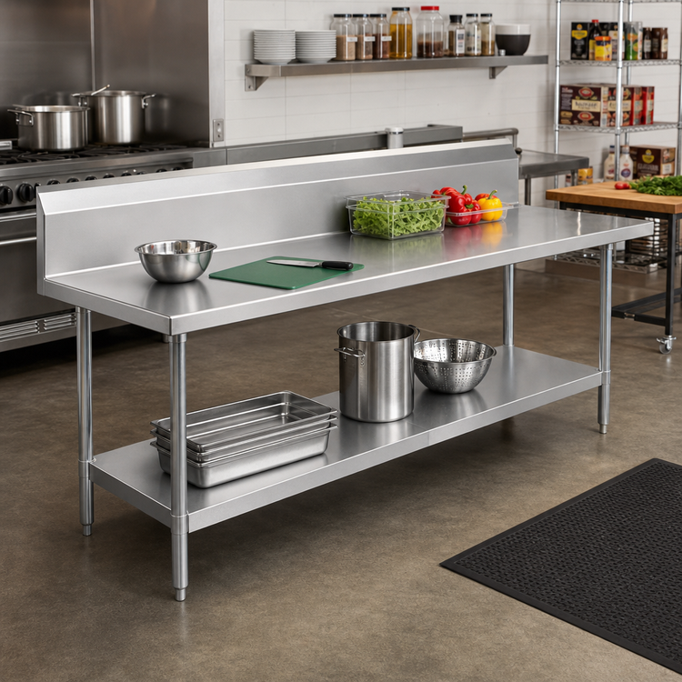 Product image #2 for Advance Tabco VKG-367 84" x 36" 14 Gauge 304 Stainless Steel Work Table with 10" Backsplash and Galvanized Undershelf