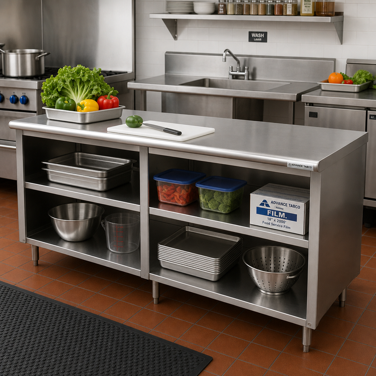 Product image #2 for Advance Tabco Special Value Series 84" x 24" Flat Top Stainless Steel Open Base Work Table with Mid-Shelf