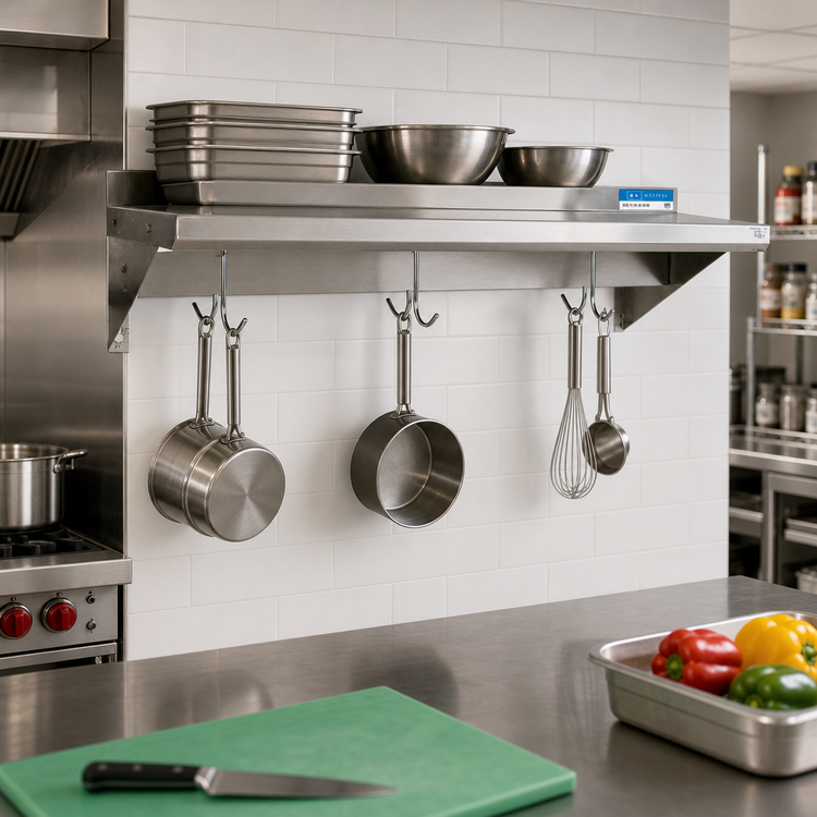 Product image #2 for BK Resources Economy Wall-Mount Stainless Steel Overshelf with Pot Rack and Hooks, 24" W x 16" D