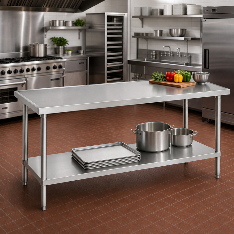 Product image #2 for Advance Tabco 120-Inch x 30-Inch 14-Gauge 304 Stainless Steel Flat Top Work Table with Adjustable Undershelf
